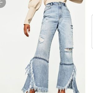 zara cropped flare, ripped hem denim soft jeans